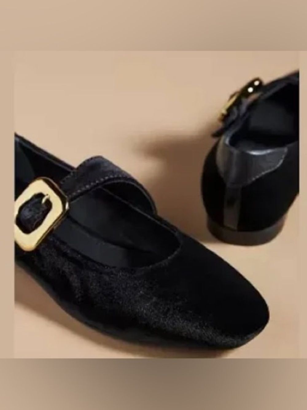 Anthropologie Maeve Black Velvet Mary Jane Flats with Gold Buckle 38